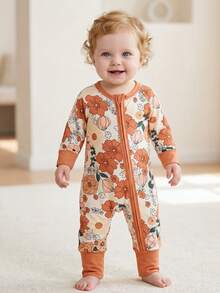 MOSSRIVER Baby Girl Zipper Front Long Sleeve Romper, Soft Breathable Comfortable Daily Wear, Round Neck Flower Print Jumpsuit, Spring Autumn - 橘色 - 查看 12