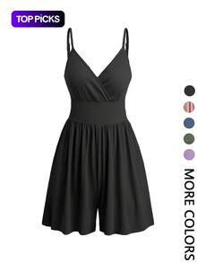 Women's Short Backless Crossover Cami Jumpsuit, Casual Jumpsuit With Adjustable Spaghetti Straps And Wide Leg, Summer Outfits 2024, Women's Everyday Wear Clothing - 綠色 - 查看 3