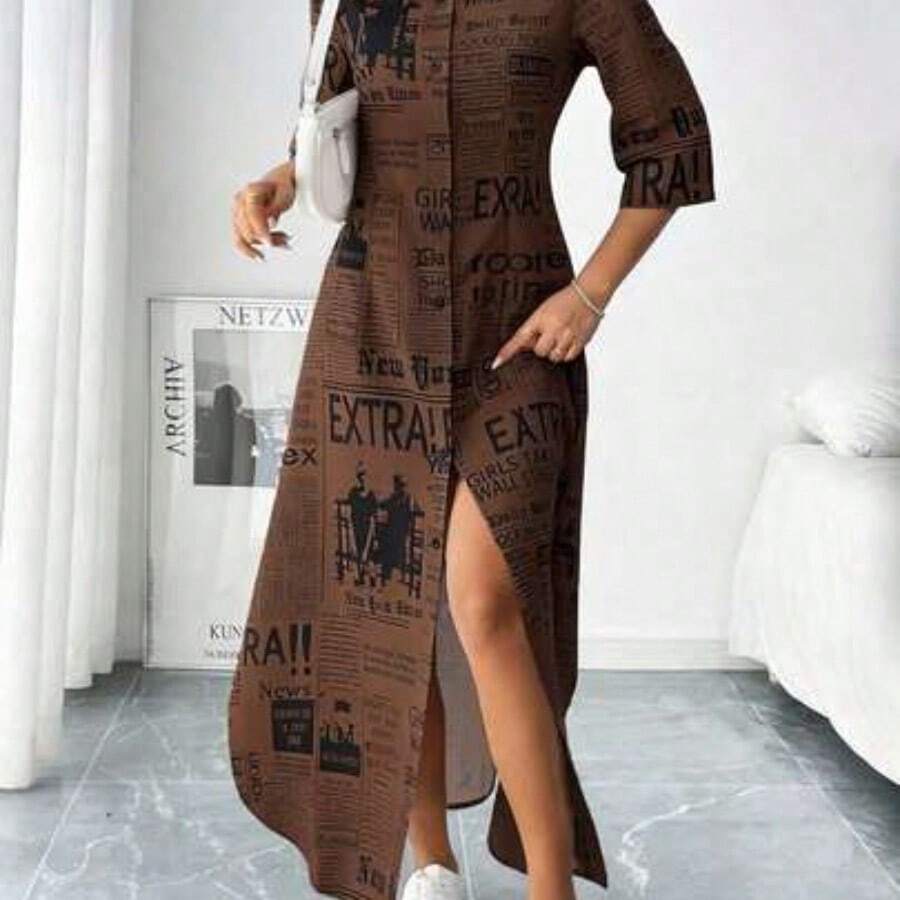 Vestido camisero de mujer de estilo maxi con estampado de periódico - Marrón - Ver 1