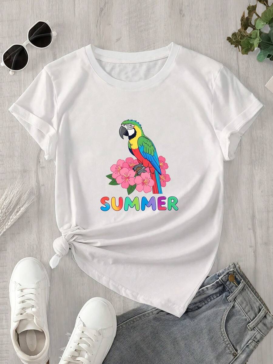Camiseta estampada para mujer, 1 unidad, manga corta, primavera/verano, el regalo perfecto para las fiestas. - Blanco - Ver 1