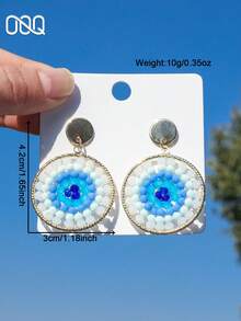 OOQ 1 Pair Summer Vintage Elegant Fashion Faux Crystal Beaded Round Earrings, Bohemian Vacation Style Gradient Color Seed Bead Earrings, Valentine's Day, Mother's Day, Wedding Season Groom Bride Bridesmaid Gift, Suitable For Women's Daily Vacation Party Wear (Handmade Seed Bead Color Position Random) - Blue - View 4