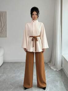 Elegant Women's Long Cloak Sleeve Cape With Stand Collar And Bow Detail, Fashionable Woven Fabric Overcoat For Fall - 上杏色+下棕色12970 - 查看 3