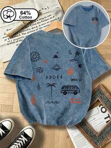 Camiseta casual para mujer talla grande, estilo de vacaciones con estampado de coche de doble cara, cuello redondo lavado retro, adecuada para viajes cotidianos, verano, camiseta gráfica - Azul - Ver 7