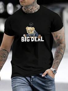Camiseta unisex, camiseta de manga corta cómoda con estampado de oso BIG DEAL para mujer - Negro - Ver 1