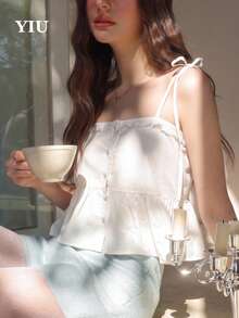 Elegant Women's White Non-Stretch Camisole Tank Top With Ruffle Trim And Pleated Hem Design, Suitable For Daily Wear And Vacation - White - View 3