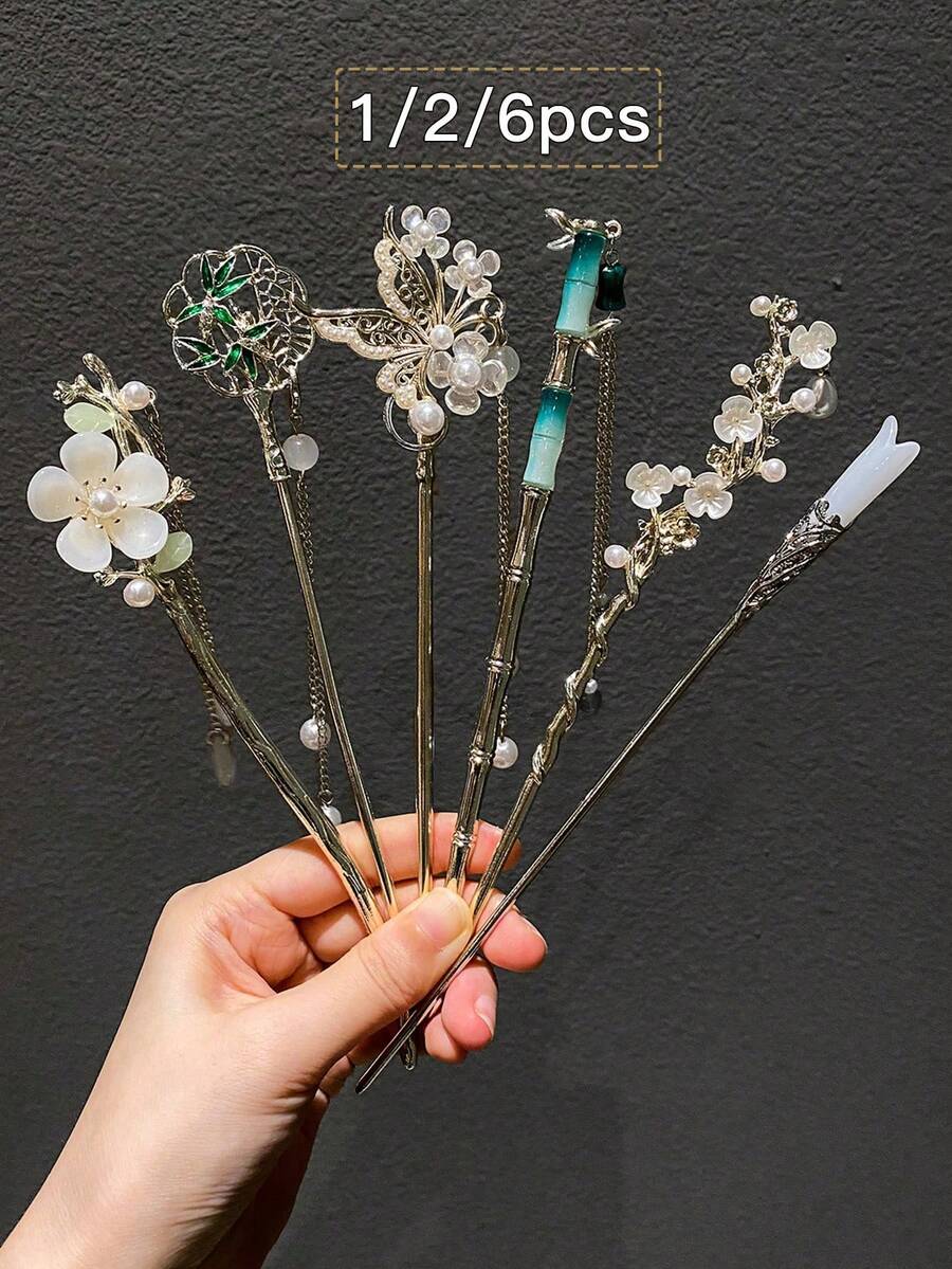 1/2/6件装女士传统中式流苏发夹,带花朵装饰,适用于盘发、发髻、发髻造型、发饰、发型设计,适合上学、度假等场合,可作发饰、头饰等。 - 彩色 - 查看 1