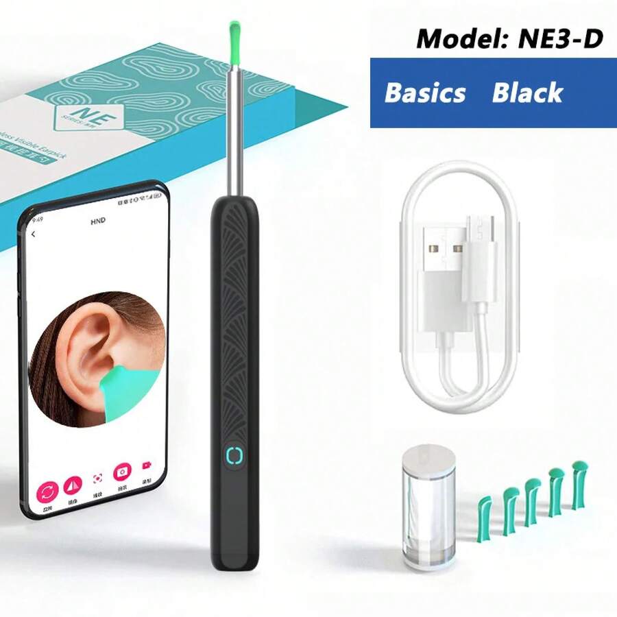 Visual Earwax Cleaner With Camera, Earwax Removal Endoscope With 5M Camera, Light-Up Otoscope, Ear Cleaning Tools, Ear Care - NE3-d Basics Black - View 1
