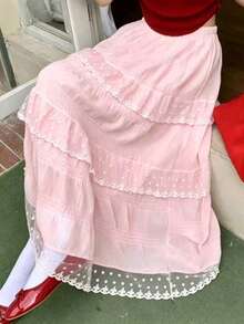 Teen Girl Summer Lace Trim High Waist A-Line Long Skirt 13-16 Years Old - Pink - View 5