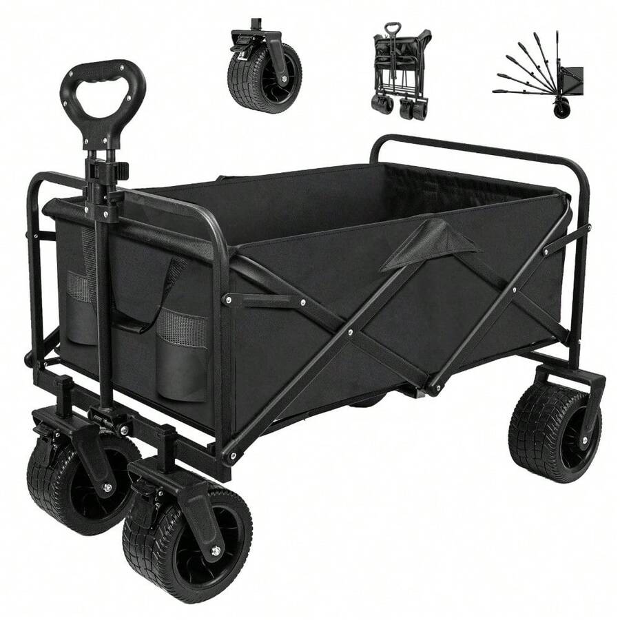 Collapsible Foldable Wagon With Big Wheels For Sand, Utility Grocery Wagon With Side Pocket And Brakes For Camping, Sports, Outdoor Activities - Black - View 1
