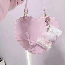 Bolsos de mano de PU con forma de corazón para niñas, decoración con lazos, bolsos de hombro japoneses, monederos de concha Kawaii de dos tamaños, bonitos bolsos de mensajero rosas, regalos - Rosa pequeño - Ver 4