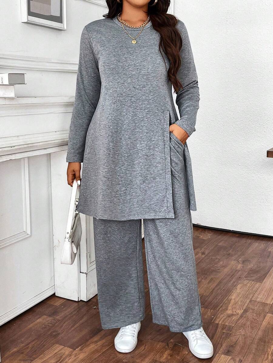 Conjunto informal de 2 piezas de mujer talla grande con camiseta de cuello redondo de manga larga con abertura lateral y pantalones de pierna ancha de unicolor - Gris Claro - Ver 1
