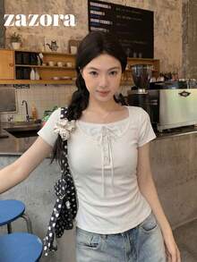 蝴蝶結 2 合 1 短袖上衣 韓系修身收腰 極簡甜美性感風 女款夏季休閒 T-shirt - 杏色 - 查看 1
