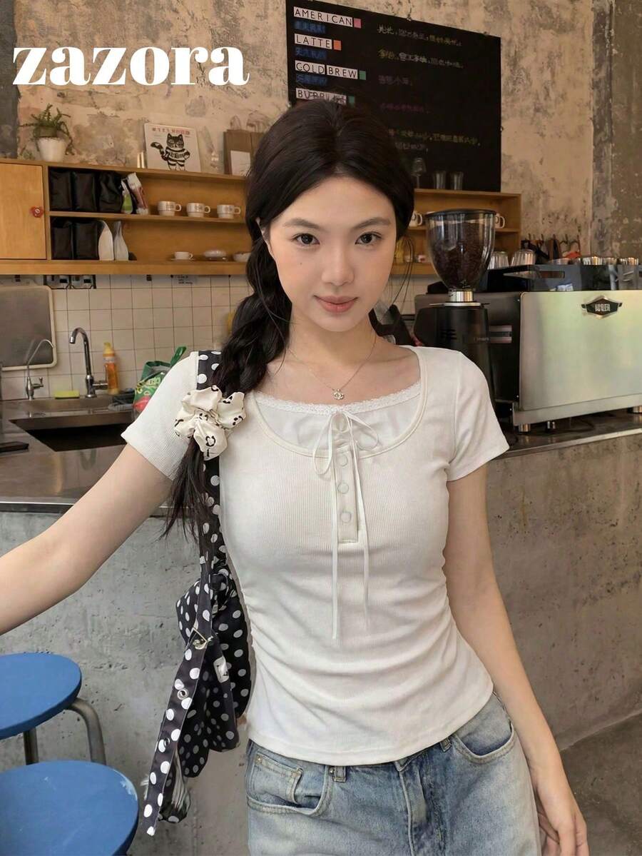 蝴蝶結 2 合 1 短袖上衣 韓系修身收腰 極簡甜美性感風 女款夏季休閒 T-shirt - 杏色 - 查看 1