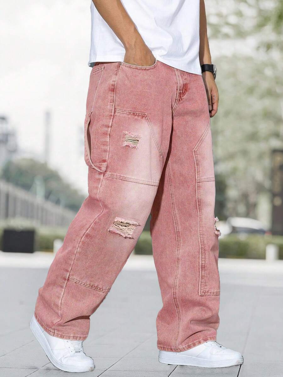 Men's Fashion Distressed Patch Embroidered Wide Leg Jeans - Pink - View 1