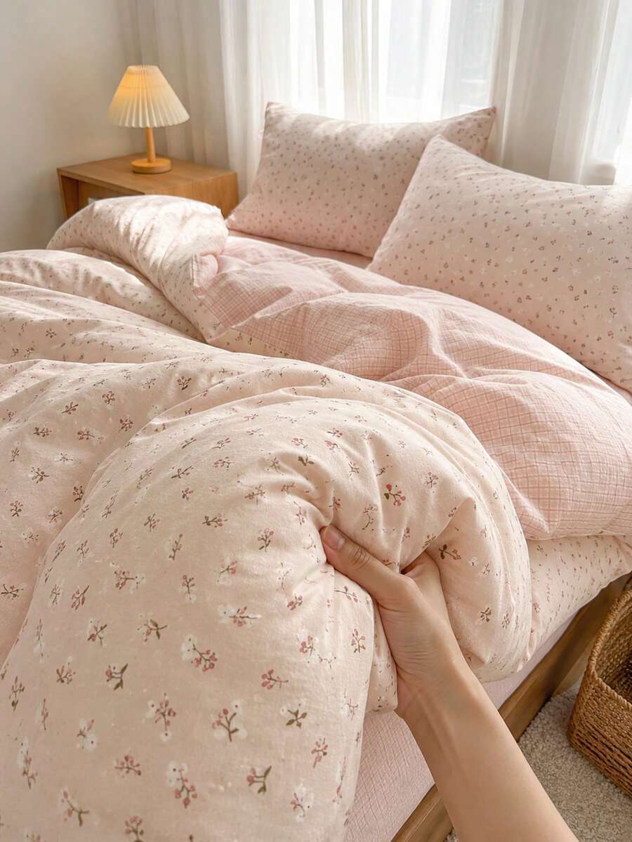 3pc 100% Polyester 2026 Spring Floral Series AB Color Blocking Design Fresh Girly Comforter Set, Includes 2 Bowknot Pillowcases + 1 Comforter Cover (Bed Sheet & Comforter Filler Not Included), Suitable For All Seasons - Multicolor - View 1