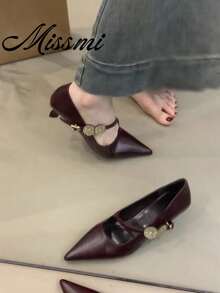 3.5cm Heel French Retro Elegant Pointed Toe Kitten Heel Sandals For Women, New Summer Commuting & Evening Wear, Elegant, Party - Burgundy - View 1