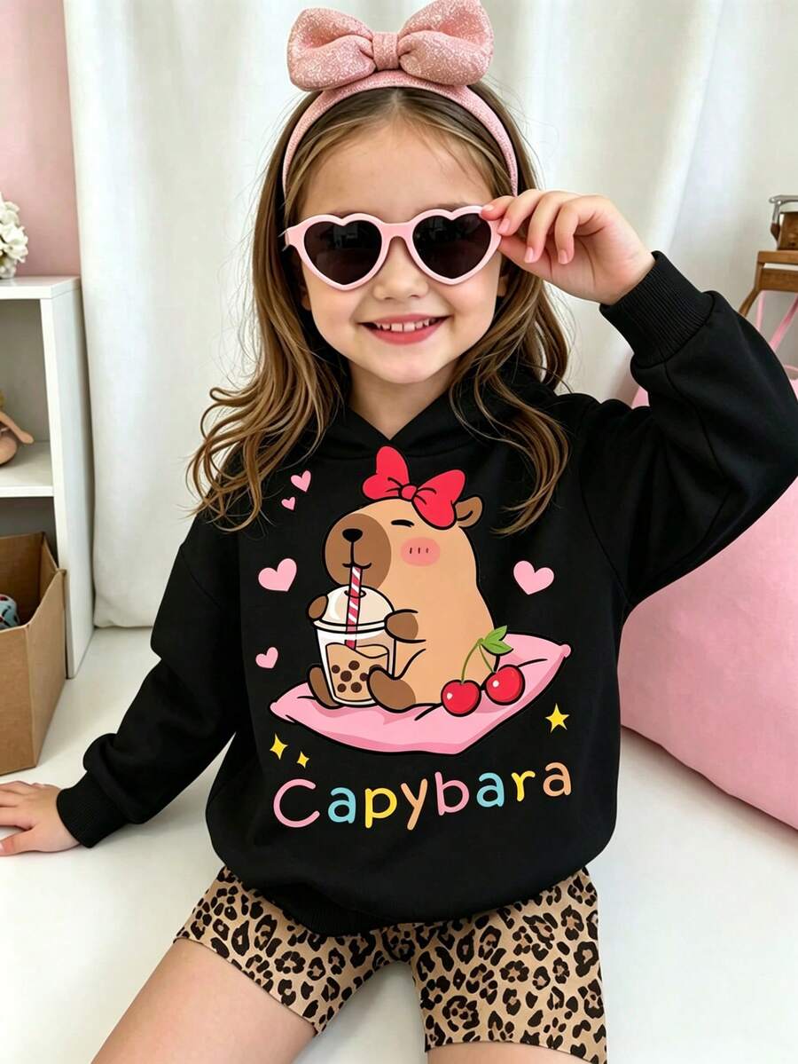 Sudadera con capucha cálida con estampado de capibara para niñas pequeñas - Negro - Ver 1