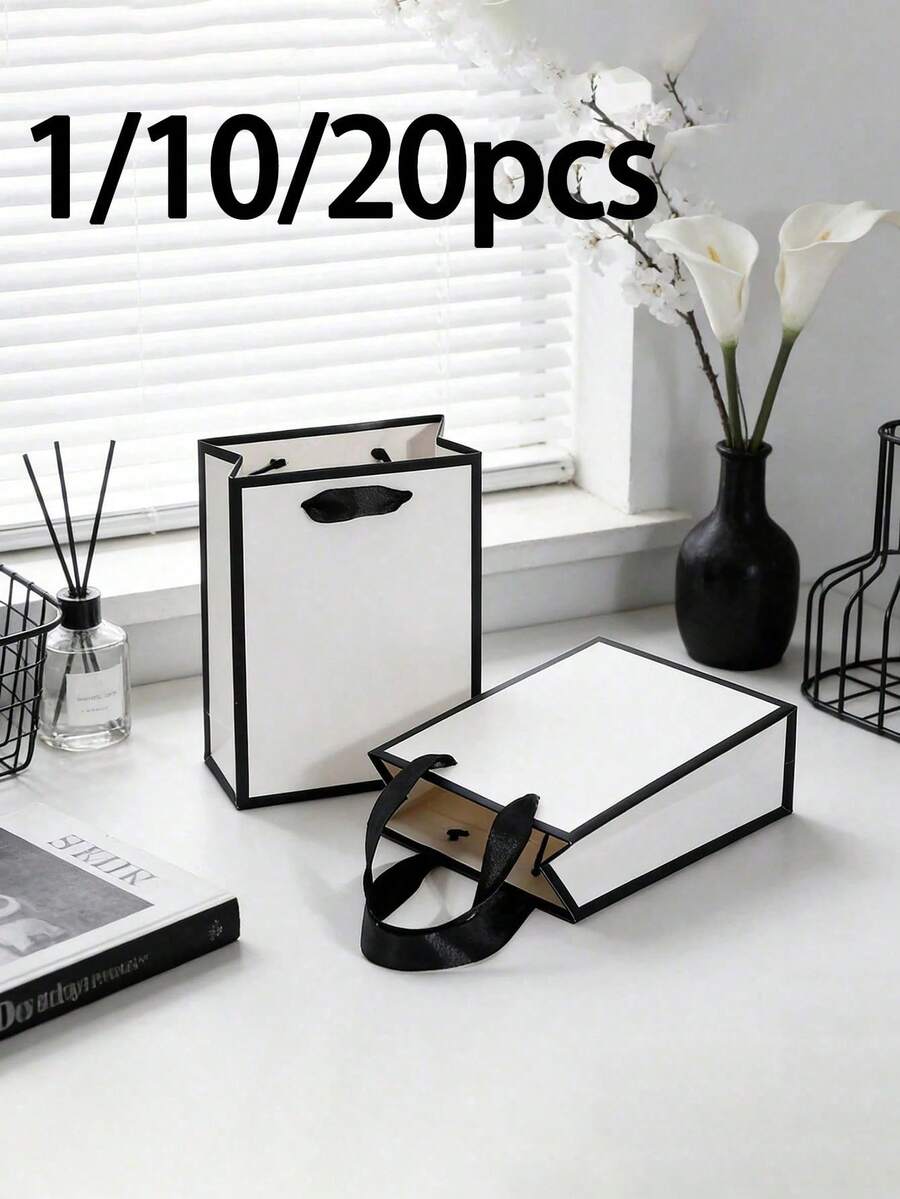 1/10/20入 白色紙袋 黑色邊緣附提把 尺寸12x5.7x16cm 優雅簡約INS風個性化包裝袋 適用於配件、生日禮物、婚禮伴手禮、零售、企業活動迷你紙袋 - 多色 - 查看 1