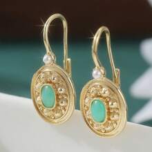 Vintage Copper Handmade Carved Earrings, Inlaid With Faux Turquoise, Women's Bohemian Style Ear Jewelry - Gold - View 3