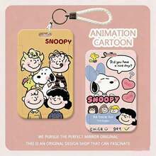 MINISO Sweet Snoopy Peanuts 動漫直式滑卡套，可愛卡通 ID 名牌套，附編織皮革掛繩鑰匙圈吊飾，開學季黃色粉色學生女孩禮物 - 粉紅色-白色繩子 - 查看 2