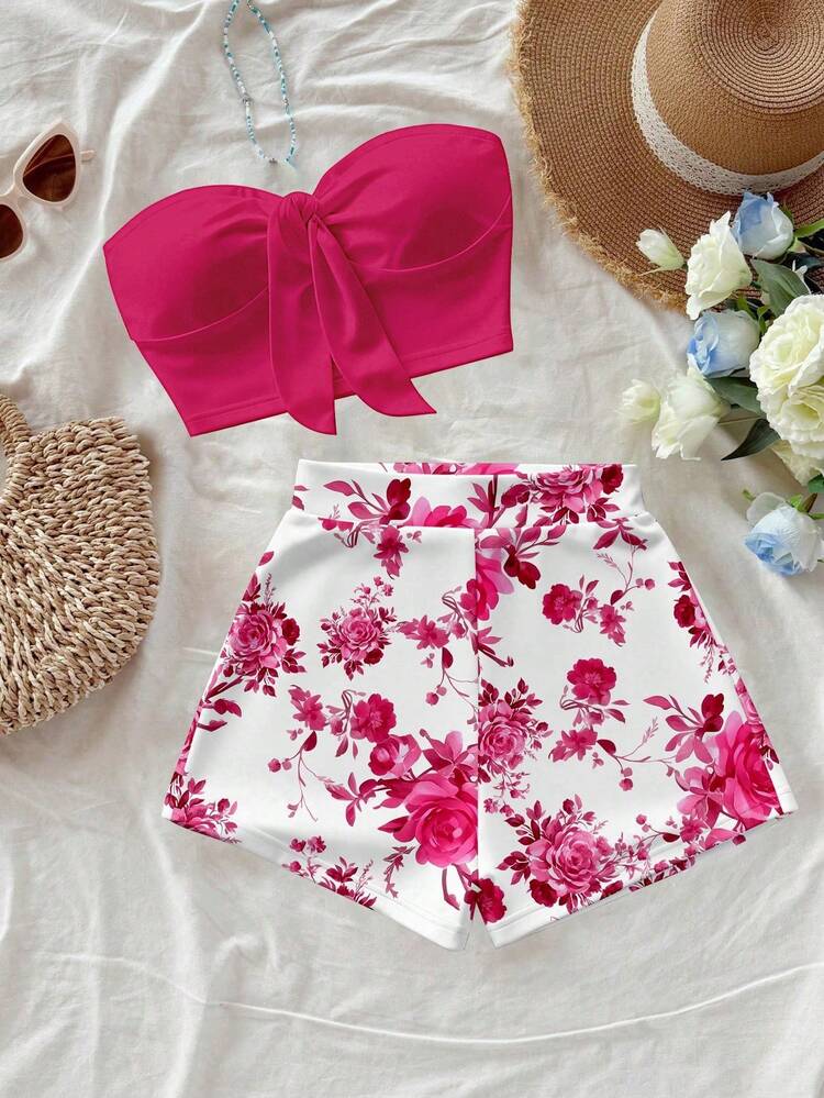 Conjunto de 2 piezas de top bandeau con cordones y shorts casuales y cómodos para el verano para mujer - Multicolor 8 - Añade 12