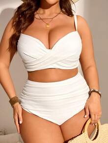 Swim Lushoire One Size Solid Color Ruched Tankini Bikini Set For Summer Beach - Camel - View 1