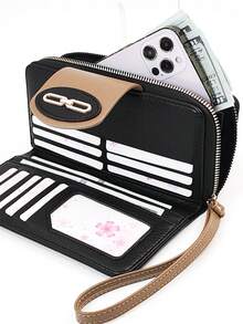 Women's Mini Handheld Phone Wallet, Exquisite Buckle Color-Block Patchwork Soft PU Long Wallet, Multifunctional Large Capacity ID Storage Pouch, Zipper Coin Purse, Lightweight And Fashionable - Black - View 1