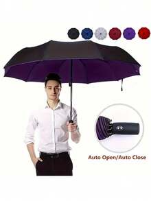 1pc Dual Layer Automatic Windproof Umbrella, 10-Rib One-Key Open & Close, Reinforced Anti-Wind Rain Umbrella, Back To School Supplies Back To School, Spring Summer Picks, Travel, For Men, For Women, Vacation - Multicolor - View 1
