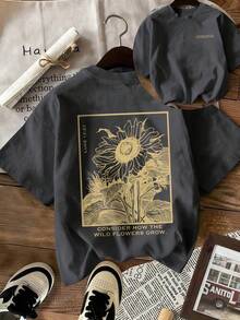 Camiseta de manga corta de verano para mujer con estampado casual de hojas de girasol, cuello redondo, holgada y versátil, color beige, adecuada para uso diario y vacaciones - Negro - Ver 1