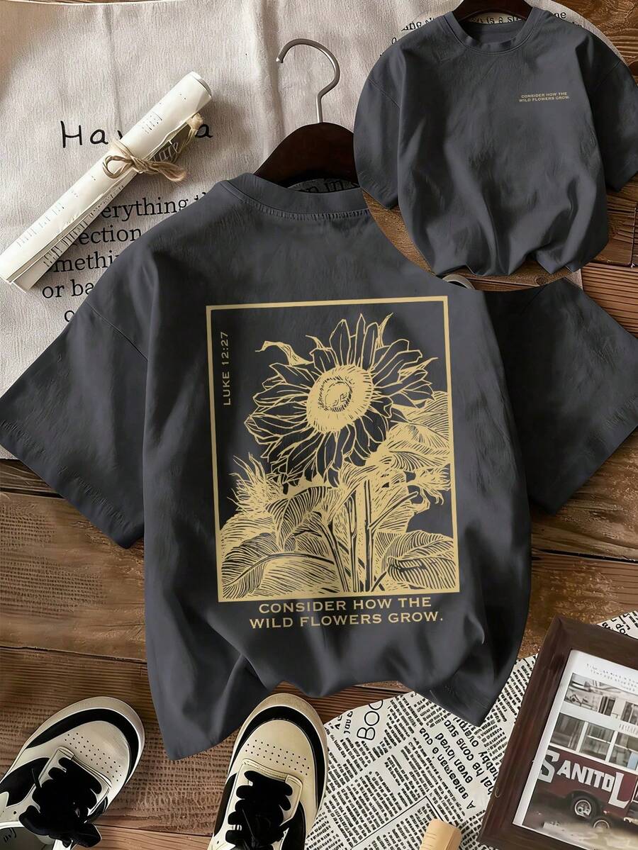 Camiseta de manga corta de verano para mujer con estampado casual de hojas de girasol, cuello redondo, holgada y versátil, color beige, adecuada para uso diario y vacaciones - Negro - Ver 1