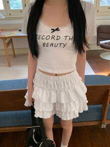 Cream White Frill Trim Skirt, High Waist Slimming Ballerina Tutu Skirt For Summer - White - View 3