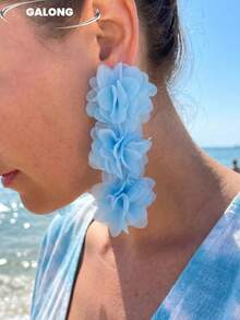 Bohemian Orange Mesh Flower Long Earrings, Vacation Style Lightweight Chiffon Dangle Earrings, Personalized Vintage Ear Jewelry - Baby Blue - View 2