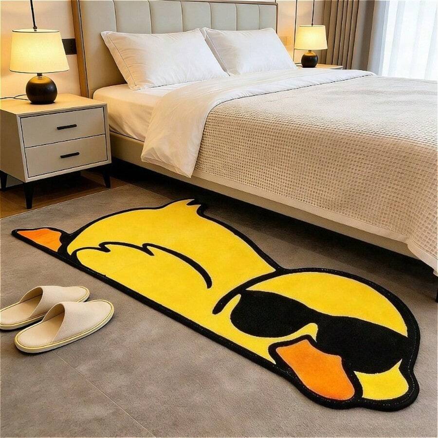 1pc Super Cute Fashion Glasses Duck Shaped Rug, Creative Decorative Bedside Mat For Bedroom, Suitable For Living Room, Decorative Carpet, Bedroom Decor, Small Rug, Carpet, Home Decor, Living Room Rug, Hand-Cut With 1-5cm Error, Sofa And Coffee Table, Soft And Fluffy, Durable And Stylish, Suitable For Home, Bedroom, Office, Dining Room And Other Places, Contemporary Design Living Room Rug, Carpet, Home Decor, Room Decor, Washable Rug - Yellow - View 1