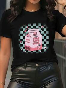 Damen Kurzarm T-Shirt aus reiner Baumwolle, süßes Self Love Saft Grafikdruck, karierter Hintergrund, lässiges Tee für den täglichen Gebrauch - Schwarz - Übersicht 1