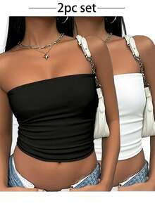 2pcs/Set Women's Bandeau Top, Summer New Solid Color Casual Versatile Backless Slim Fit Cropped Top, Fashionable Daily Wear - Multicolor - View 1