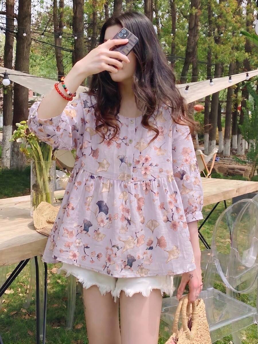 YUXIN 夏季新款宽松甜美七分袖圆领娃娃衫，时尚蝙蝠袖碎花衬衫