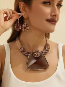 2Pcs Bohemian Resin Stone Jewelry Set, Wire Wrapped Statement Necklace & Spiral Earrings For Women, Party & Vacation Wear - Coffee Brown - View 6