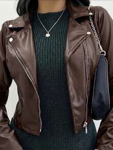 Stylish Women's Leather Jacket - 鏽棕色 - 查看 2