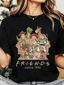 Disney Toy Story Characters Sitting On Couch Friends Since 1995, Women's Round Neck Shirt, Summer Tops Comfortable Casual Women Clothes - Black - View 1