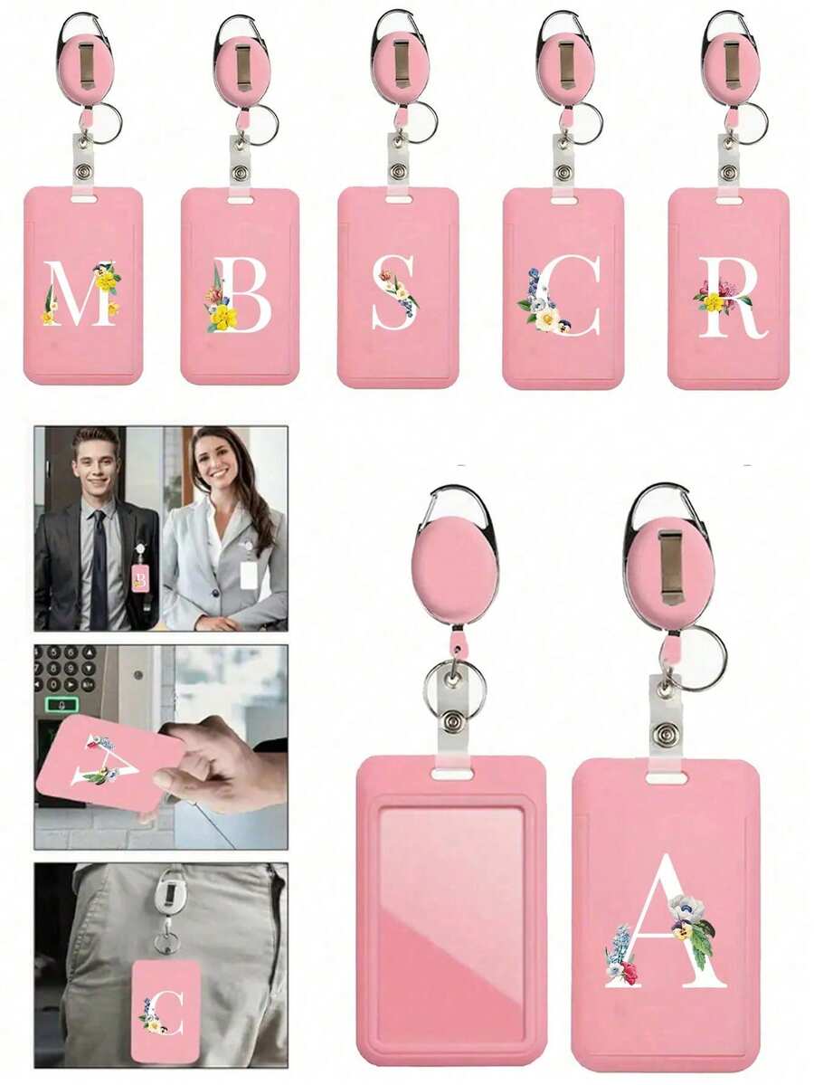 Pink Anti-Theft Card Holder With Pink Retractable Clip, Hard Plastic Card Protective Sleeve With Thumb Slot, Expandable ID Card Holder - Multicolor - View 1