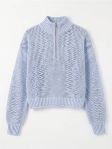 Women's Knit Sweater With Turn-Down Collar, Stand Collar, Multi-Wear Zipper, Minimalist Sporty Solid Color Hollow-Out Sheer Loose Casual Top For Spring, Autumn And Winter - Baby Blue - View 9