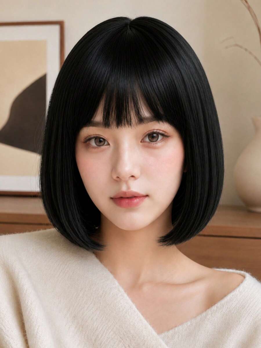 12 Inch Black Straight Synthetic High Temperature Resistant Wig With Bangs, Fluffy Fashionable Women's Cosplay Wig For Halloween, Christmas, Party, Carnival - Black - View 1