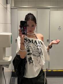Retro American Bowknot Print Short Sleeve T-Shirt, Casual Loose Fit Summer Top For Women White - White - View 4