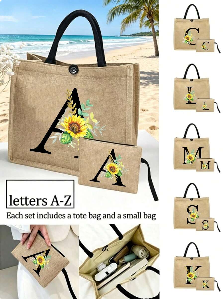 向日葵花卉黑色字母 A-Z 圖案托特包,時尚大容量收納包與化妝包套裝,多功能購物袋,便攜通用包,夏季必備,適合日常、度假、海灘、旅行,女性、母親、老師、朋友、伴娘、大學生的完美禮物,旅行與購物的理想選擇 - 彩色 - 查看 1