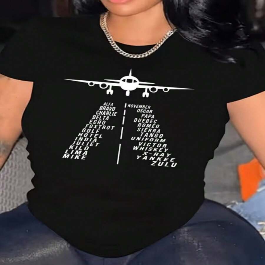 Women's Casual Cotton Short Sleeve Round Neck T-Shirt with Airplane & Phonetic Alphabet Print, Chic Streetwear Style Top - Negro - Ver 1