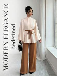 Elegant Women's Long Cloak Sleeve Cape With Stand Collar And Bow Detail, Fashionable Woven Fabric Overcoat For Fall - 上杏色+下棕色12970 - 查看 7