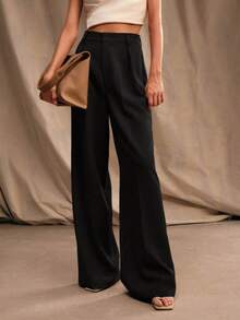 Pantalones Casuales Drapeados de Moda para Mujer 2026, de Cintura Alta, Corte  y Pierna Ancha, con Efecto Adelgazante - Negro - Ver 1
