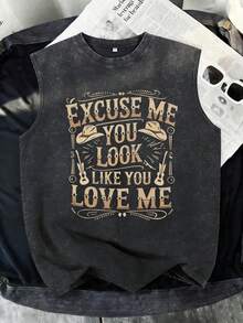 2026 Women's Vintage Fashion Vest, 100% Cotton Sleeveless Vest, Washed And Distressed Tank Top, Printed With Western Cowboy Vintage Lettering - 淺棕色 - 查看 8