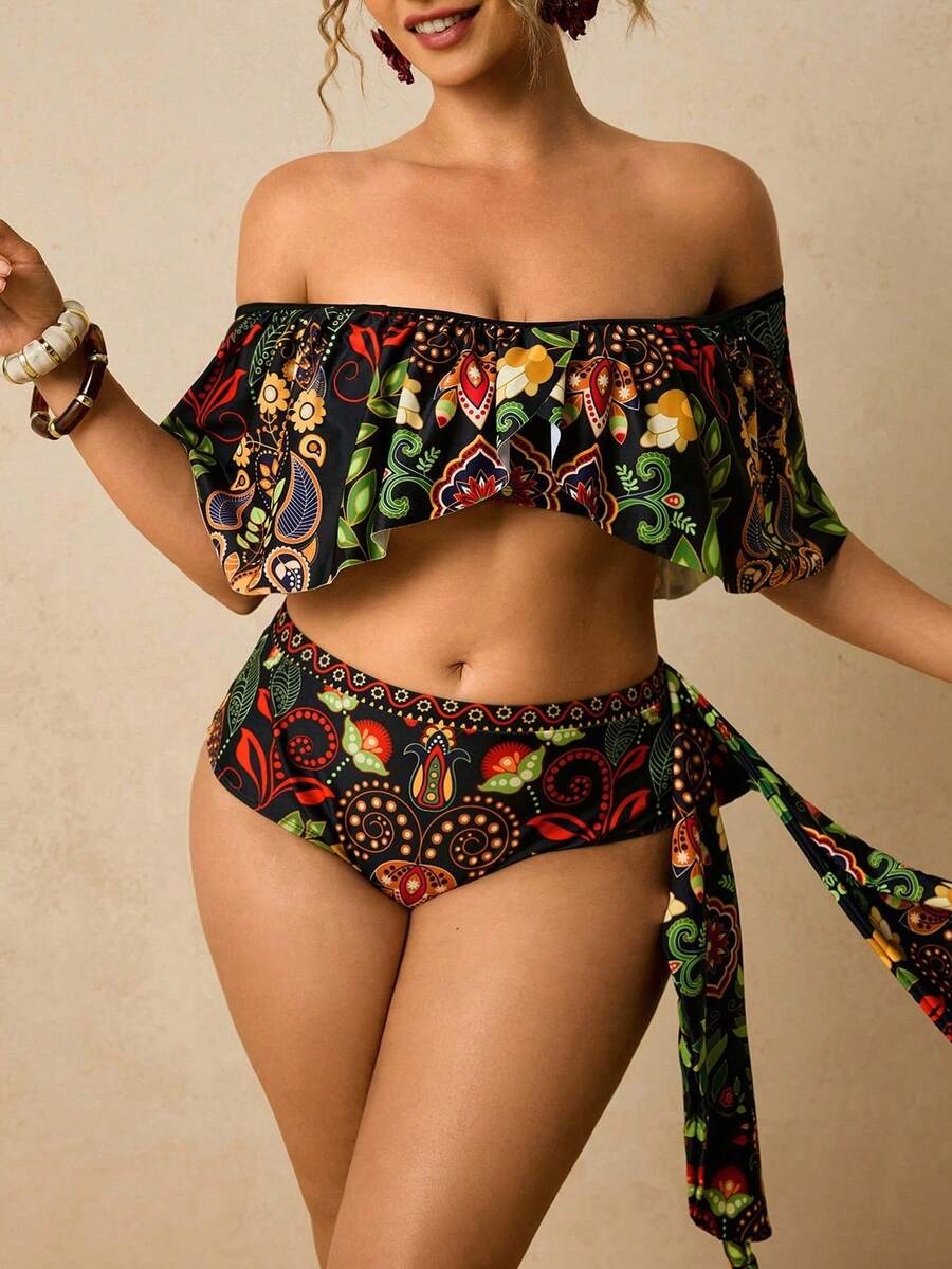 Conjunto de traje de baño de talla para mujer con estampado tropical negro, traje de baño con volantes y hombros descubiertos - Negro - Ver 1