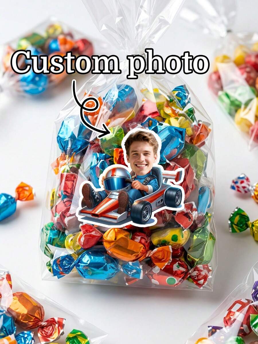 Pegatinas faciales personalizadas con tema de carreras, etiquetas de sellado con foto personalizada para decoración de regalos, decoración de pegatinas con diseño de carreras, decoración de fiesta de cumpleaños con tema de carreras, suministros para fiesta con tema de carreras, recuerdos de fiesta de feliz cumpleaños, regalos personalizados - Multicolor - Ver 1